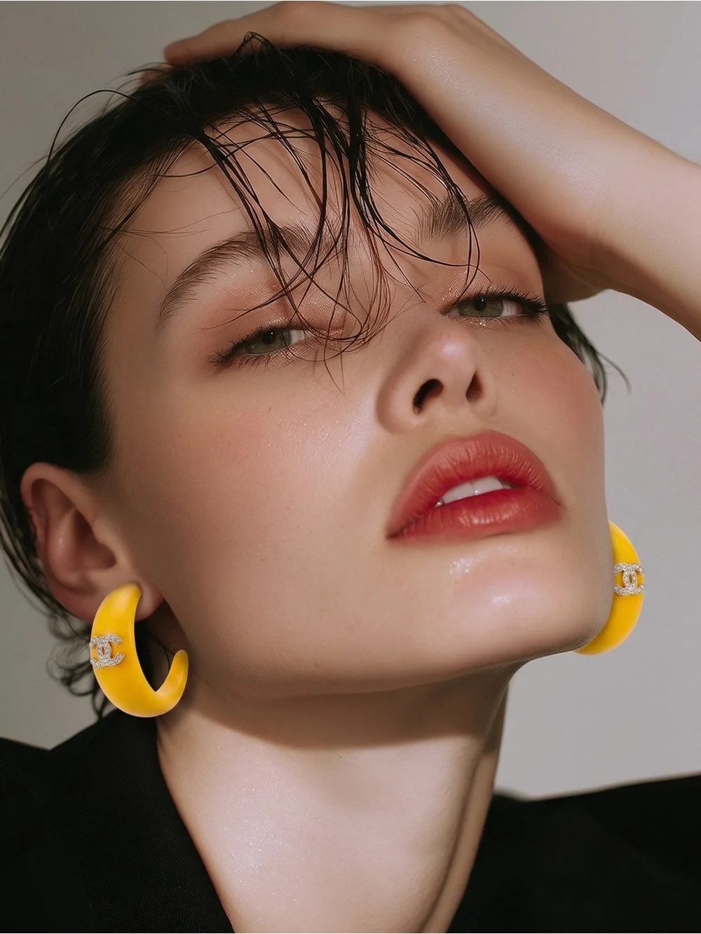 Yellow Resin Hoop Earrings with Crystal CC Emblem